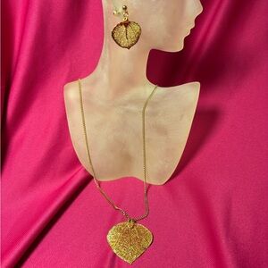 Gold Leaf Pendant Necklace and Earring Set